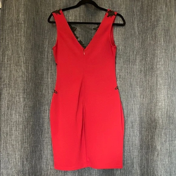 Womens 10 Lipsy Deep Red Dress with Black Lace Overlay Double V Neck - Picture 2 of 12